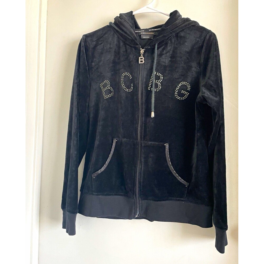 BCBGMAXAZRIA Black Full Zip Hoodie Rhinestone Pockets women S Girl/ L
